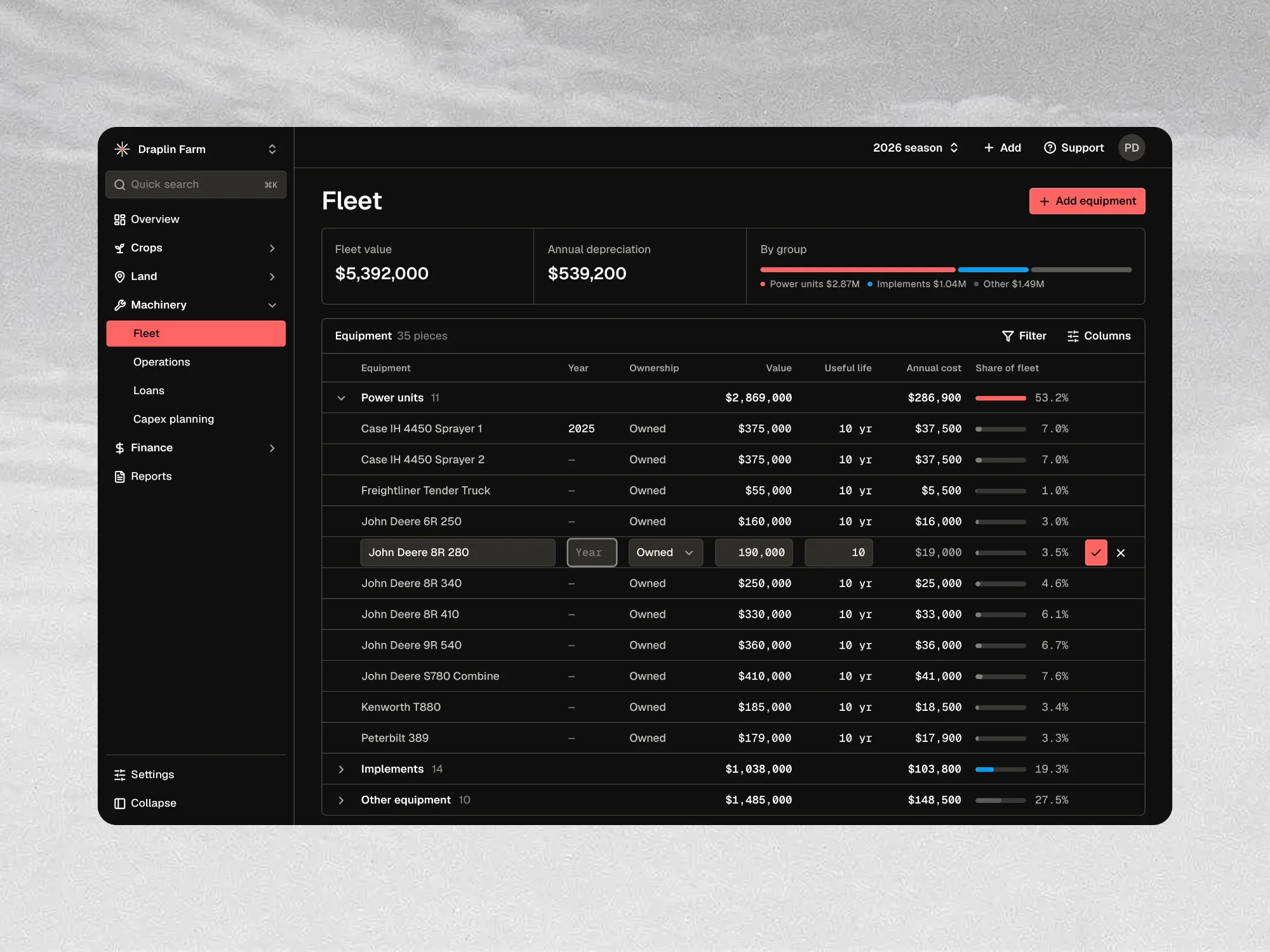 Beam's Fleet page: fleet value and annual depreciation above an equipment table grouped by type, with one row open for editing.