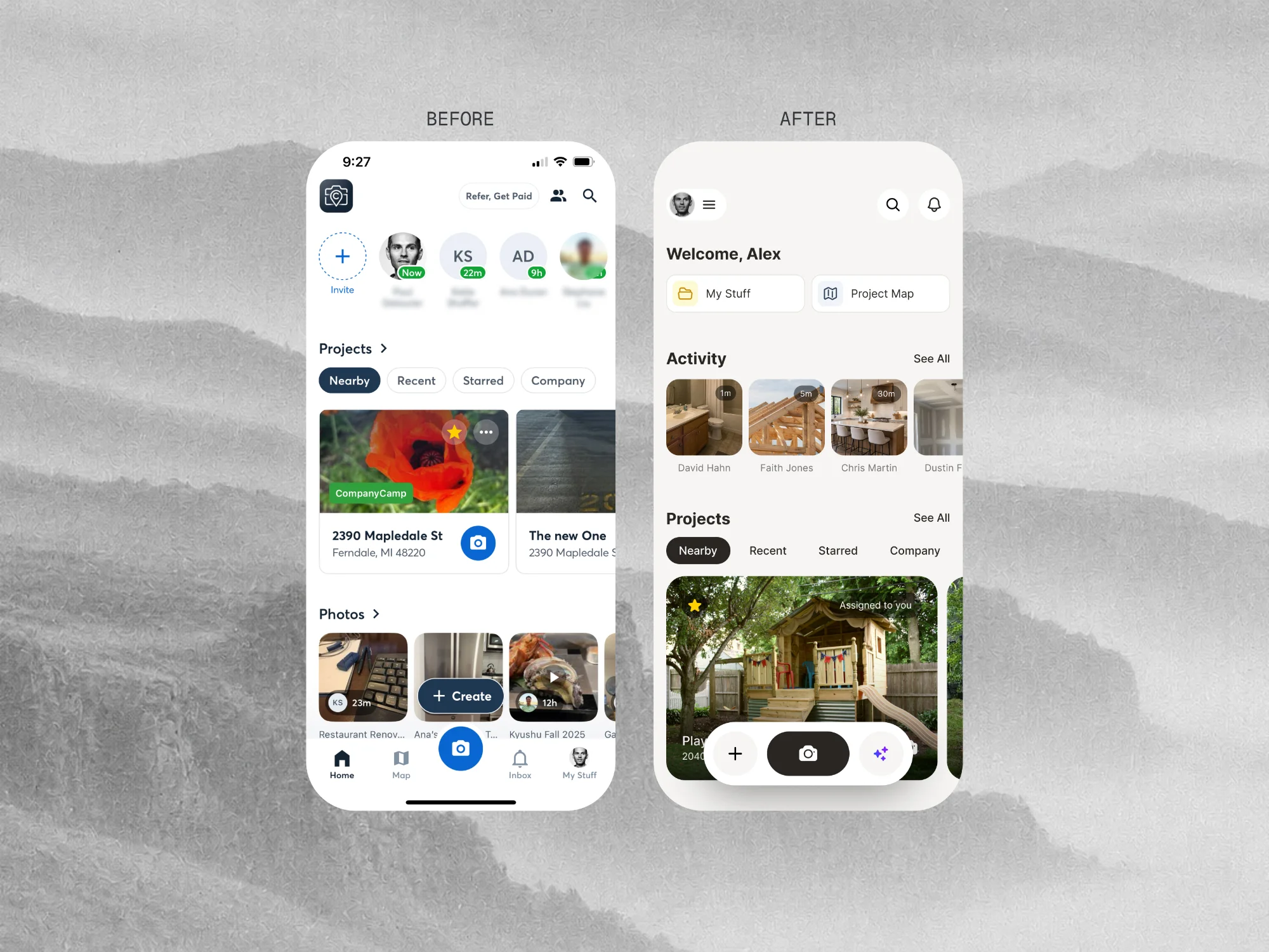 CompanyCam home screen, before and after: the old screen with invites, project tabs and a photo row, next to the redesign with My Stuff and Project Map shortcuts, an Activity feed and a Projects feed.