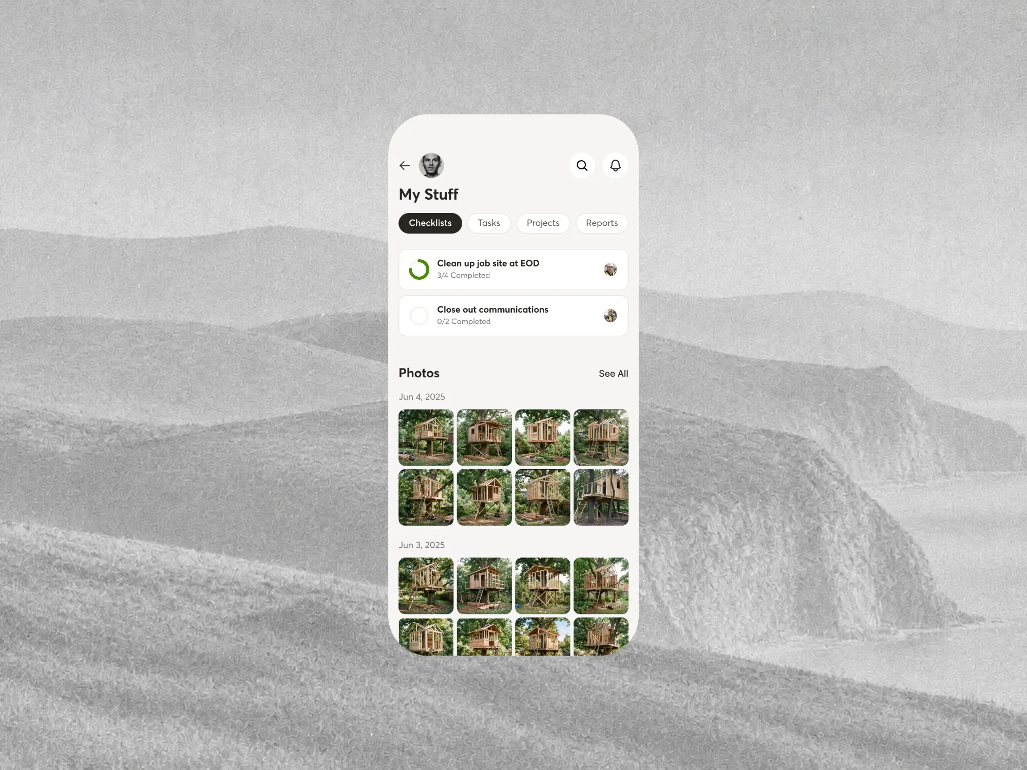 CompanyCam's My Stuff screen: checklists, tasks, projects and reports tabs above the user's checklists and their photos grouped by date.