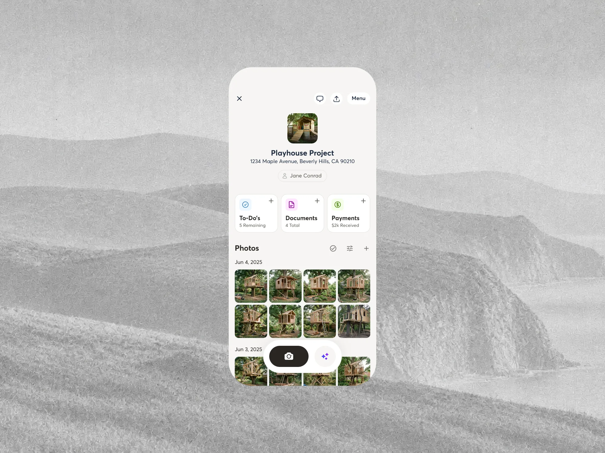 A CompanyCam project screen: cover photo, address and contact, To-dos, Documents and Payments cards, and photos grouped by date with the capture bar below.