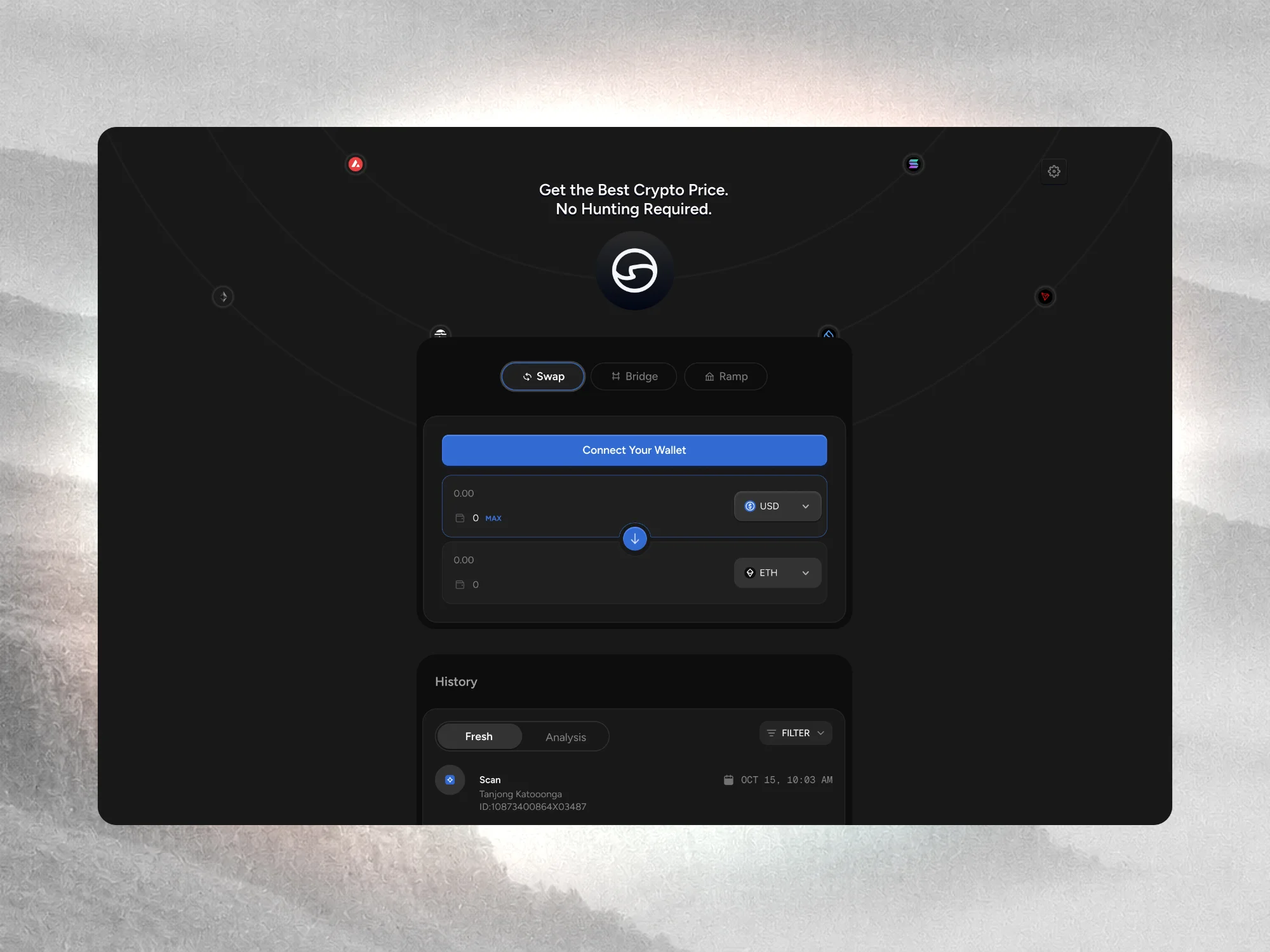 Dark crypto swap app: connect a wallet, swap tokens and see transaction history.