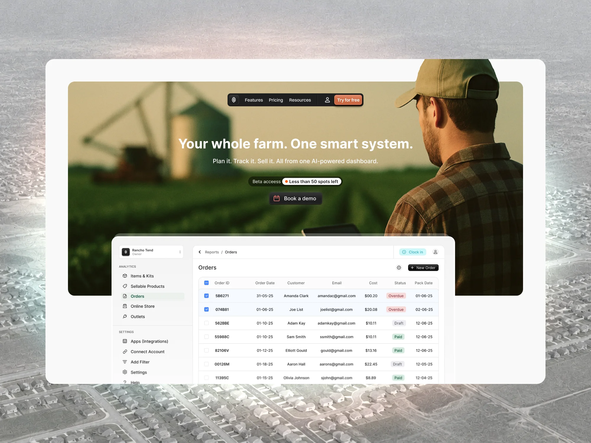 Farm platform hero with a farmer in a field over an orders dashboard.
