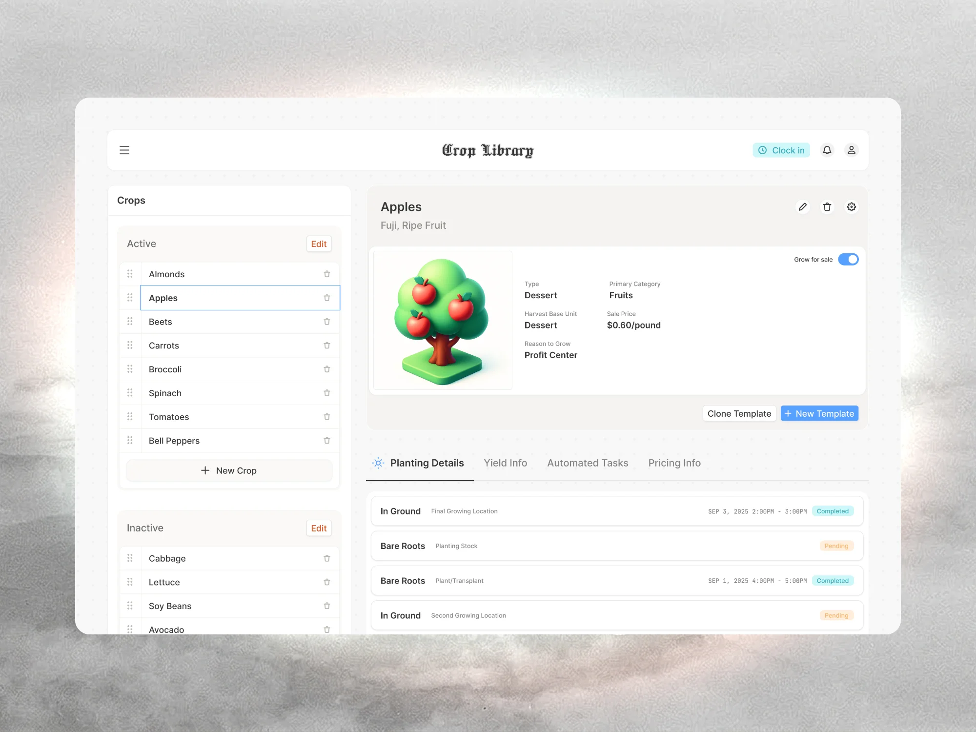 Crop library app: a list of crops beside the Apples detail with planting data.