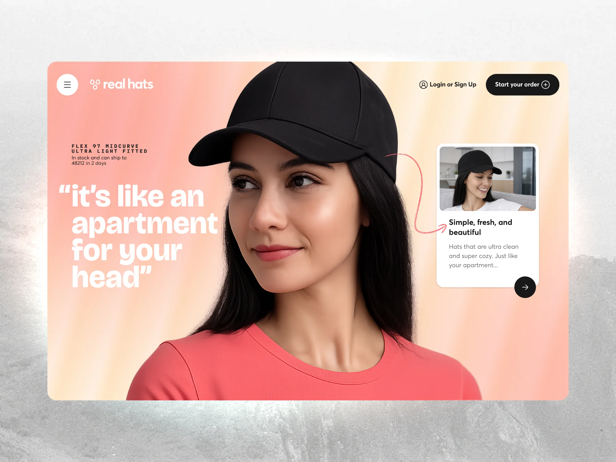 E-commerce site for a hat brand: a woman in a black cap and a product card.