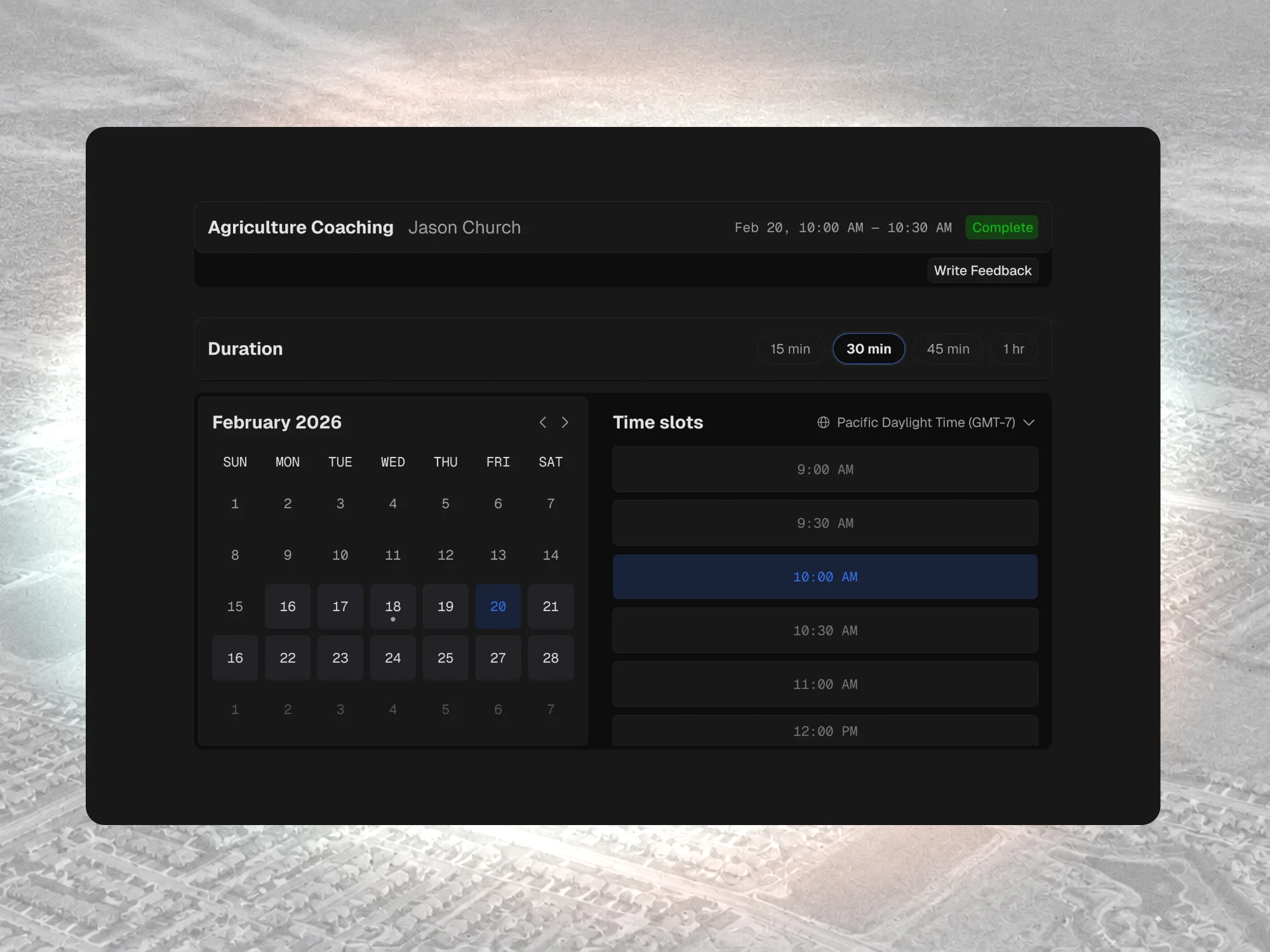 Dark scheduling screen for agriculture coaching: a February calendar and time slots.