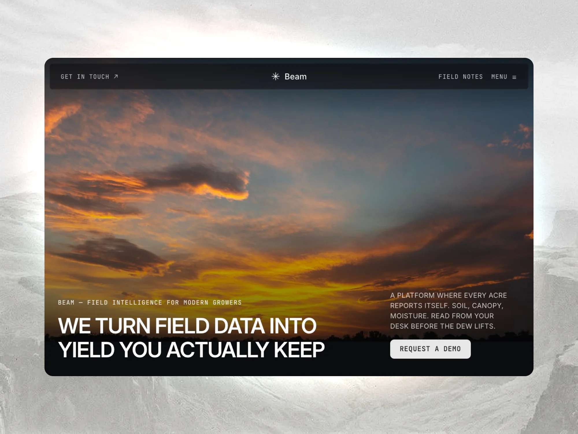 Beam website: a sunset over fields with the headline We turn field data into yield you actually keep.